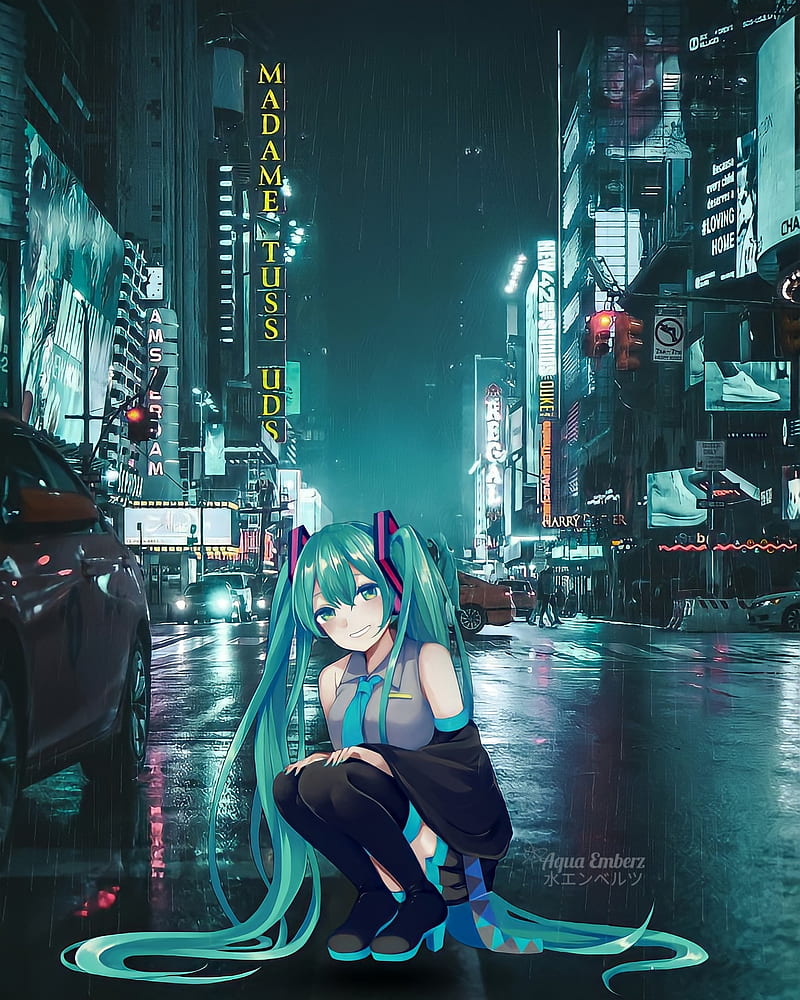 Hatsune Miku, anime, city, vocaloid, HD phone wallpaper