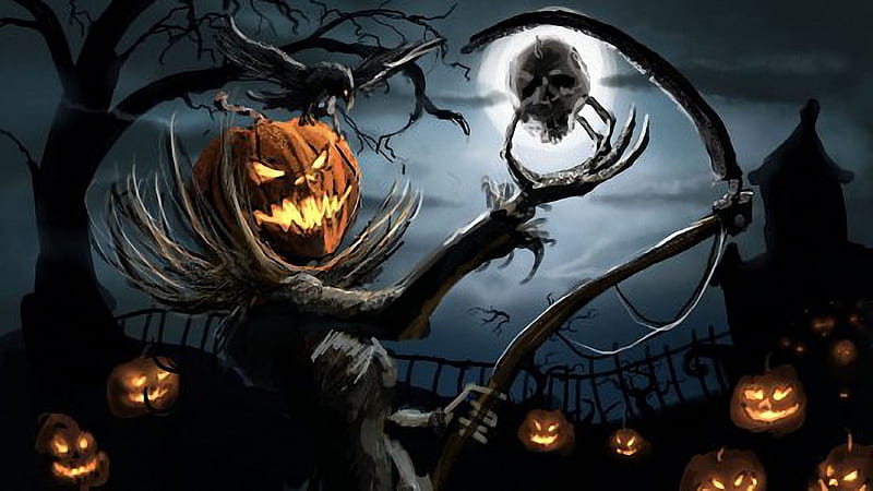 Halloween Night, digital, art, lights, pumpkin, raven, HD wallpaper