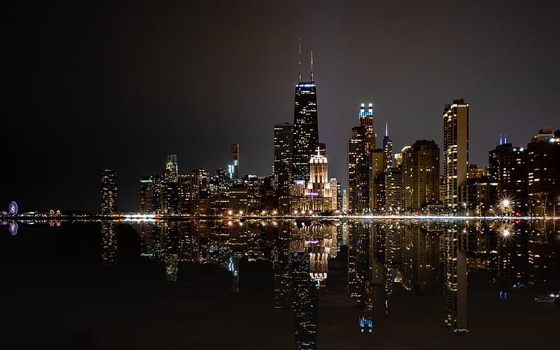 Willis Tower, Chicago, night, skyscrapers, cityscape, Michigan Lake, skyline, Michigan, USA, HD wallpaper