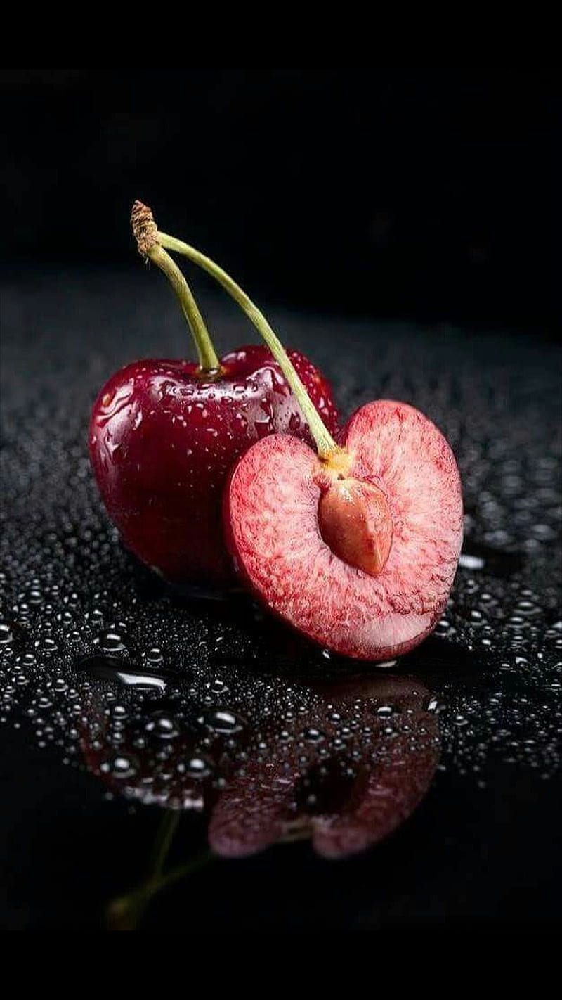 Cherry, fruit, food, waterdrops, black, HD phone wallpaper