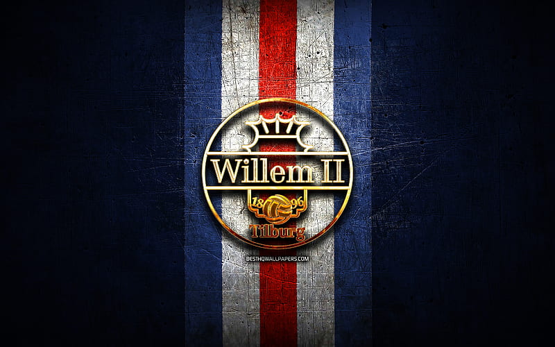 Willem II FC, golden logo, Eredivisie, blue metal background, football, Willem II, Dutch football club, Willem II logo, soccer, Netherlands, HD wallpaper
