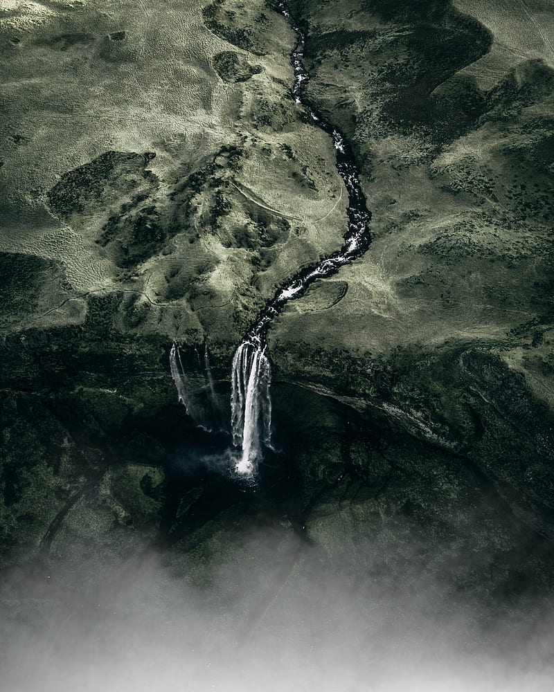 waterfall, fog, aerial view, water, flow, green, HD phone wallpaper