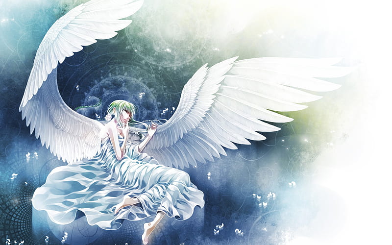 Angel, female, wings, dress, sleep, lights, fallen, girl, anime, feathers, HD wallpaper