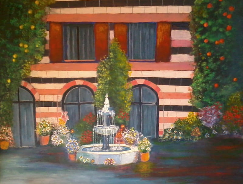old house painted by saad kilo, art, old houses, paintings, flowers, colors, acrylic, trees, HD wallpaper