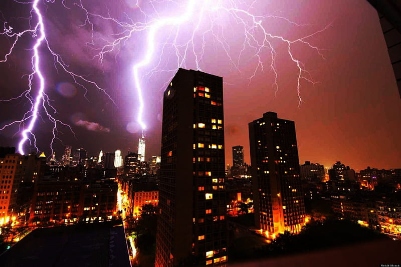Lightning strikes One World Trade Center, city, usa, thunderstorm, ny, skyscrapers, HD wallpaper