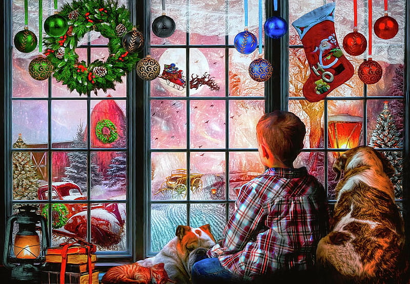 Dreams of Christmas, santa, window, christmas, snow, decorations, dreams, reindeer, sled, HD wallpaper