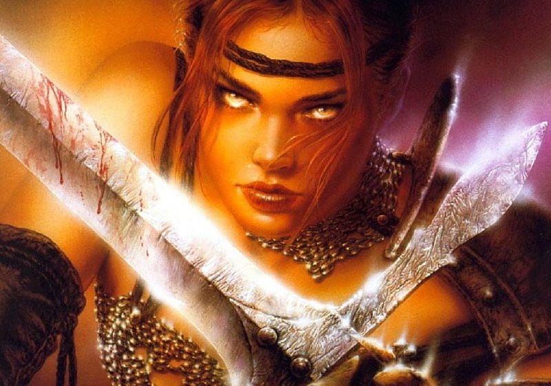 Fantasy Warrior, chainmail, yellow eyes, woman, sword, blood, HD wallpaper