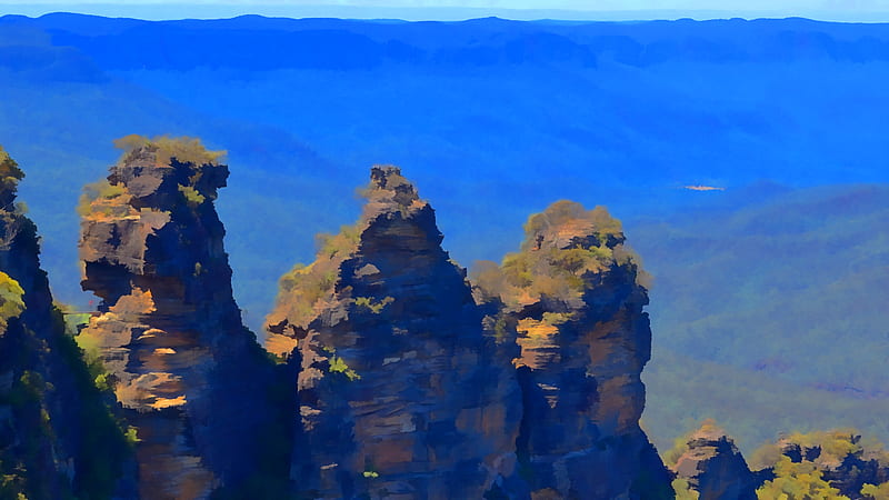 Earth, Three Sisters, Artistic, Blue Mountains, HD wallpaper