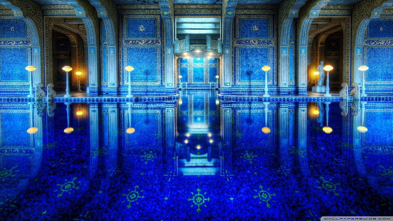 magnificent hearst castle pool r, statues, indoor, pool, tile, lights, blue, HD wallpaper