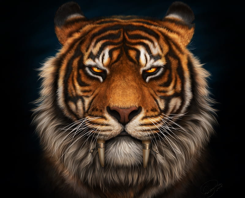 Sabertooth tiger, fantasy, sabertooth, tigru, tiger, animal, HD wallpaper