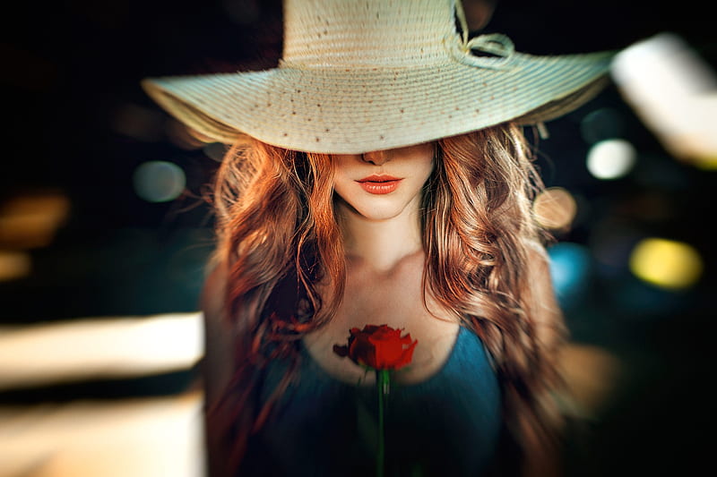 Women, Mood, Girl, Hat, Model, Red Flower, Redhead, Woman, HD wallpaper
