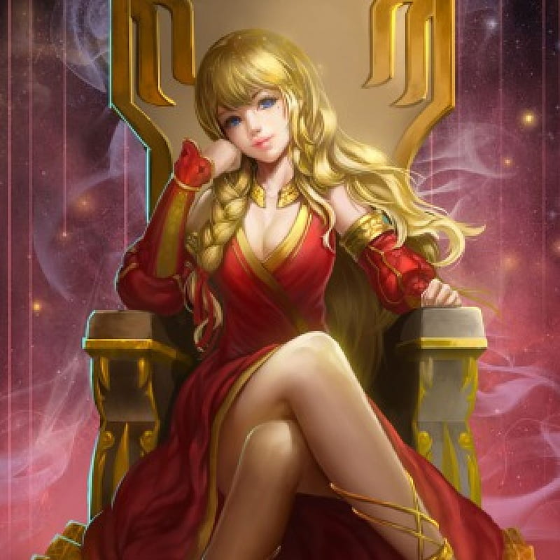 Gold Throne, red, dress, blond cg, bonito, magic, fantasy, gold, throne, anime, hot, beauty, anime girl, realistic, long hair, gorgeous, female, gown, blonde, blonde hair, sexy, blond hair, braids, girl, awesome, lady, maiden, HD wallpaper