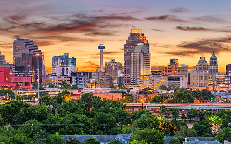 San Antonio sunset, modern buildings, american cities, Texas, cityscapes, America, USA, City of San Antonio, R, HD wallpaper