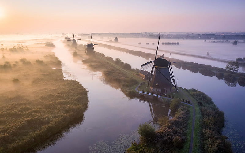 Kinderdijk, mills, morning, fog, sunrise, old mills, South Holland, Netherlands, HD wallpaper