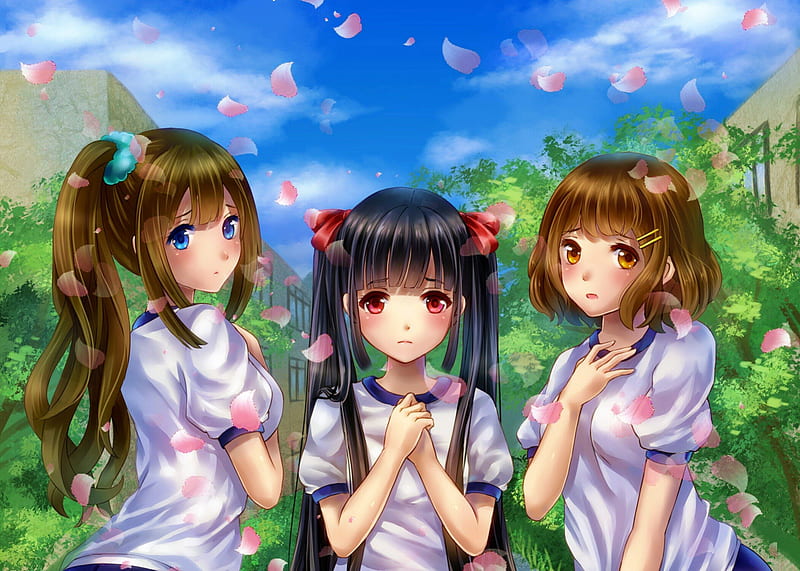 B F F, pretty, friend, sweet, nice, group, anime, hot, anime girl, long hair, team, black hair, shirt, female, cloud, lovely, brown hair, sky, sexy, cute, girl, flower, petals, HD wallpaper