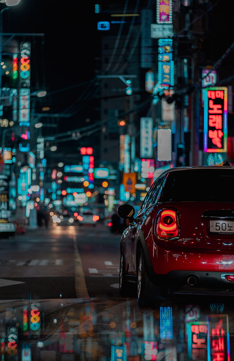 car, red, night city, street, lights, HD phone wallpaper