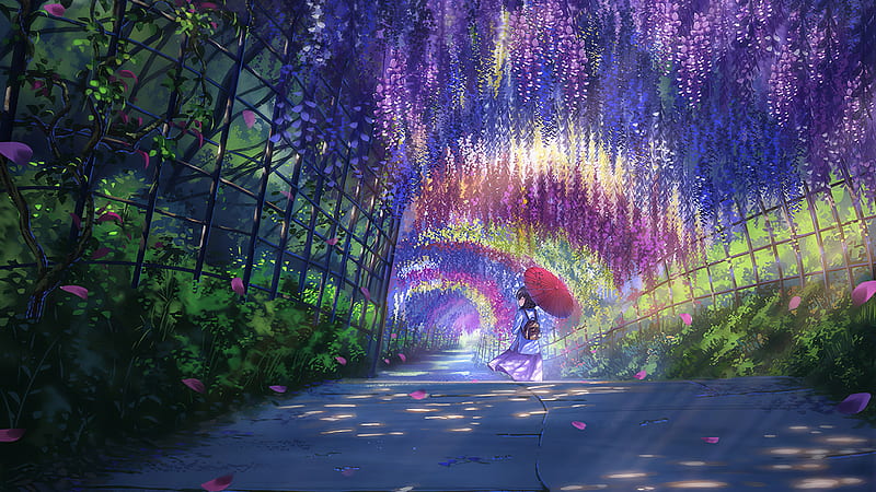 anime landscape, botanical garden, coloful leaves, anime girl, walking, Anime, HD wallpaper