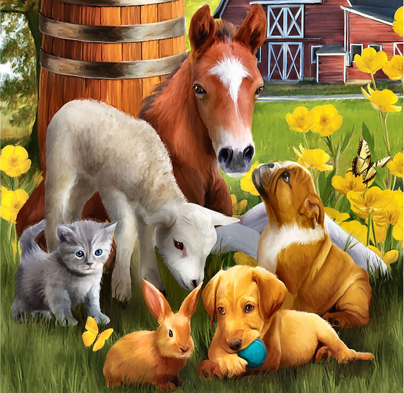 Springtime Youngsters F, architecture, colt, equine, foal, bonito, artwork, barn, canine, farm, butterfly, painting, lamb, scenery, art, rabbit, pets, horse, sheep, feline, bunny, cats, dogs, HD wallpaper