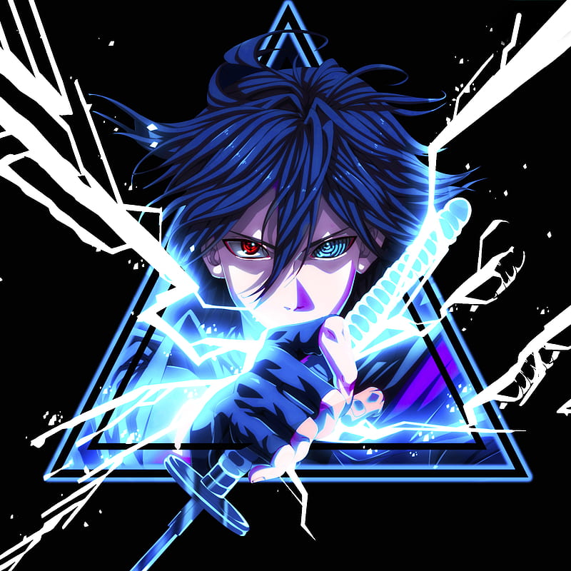 Uchiha clan, Uchiha Sasuke, digital, anime, heterochromia, looking at viewer, blue hair, sword, triangle, simple background, black background, HD phone wallpaper