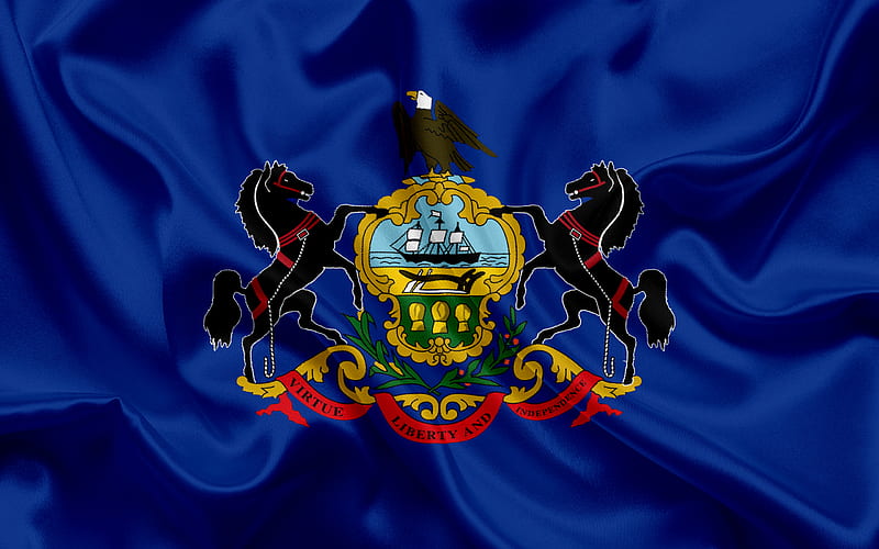 Pennsylvania flag, Commonwealth of Pennsylvania, flags of States, USA, blue silk, Pennsylvania coat of arms, HD wallpaper