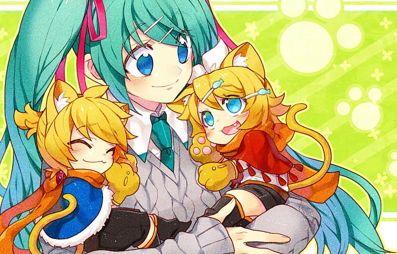 We Love You Hatsune!!!, vocaloid, colorful, hatsune miku, tails, ears, rin and len kagamine, cute, paws, love, friends, HD wallpaper