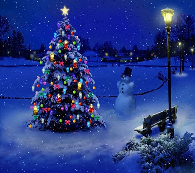 Christmas tree light, blue, lights, snowman, winter, HD wallpaper | Peakpx