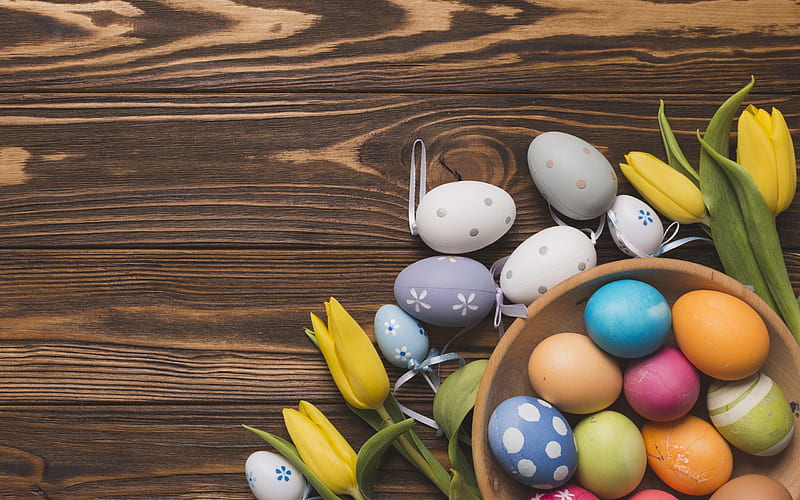 Happy Easter, tulips, easter eggs, wooden texture, easter decoration, Easter, HD wallpaper