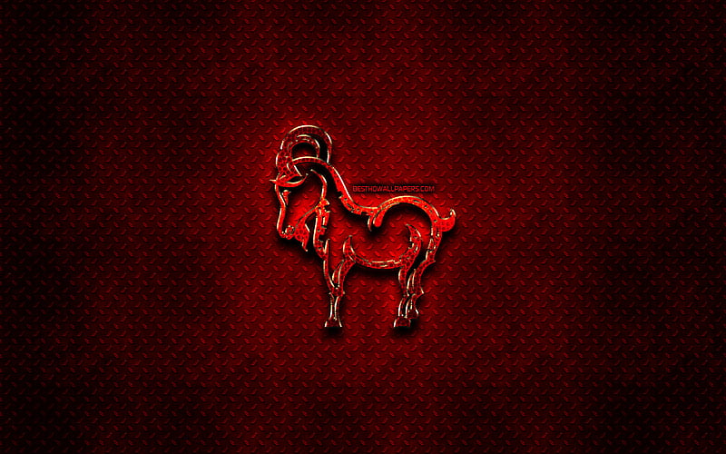 Goat, red animals signs, chinese zodiac, Chinese calendar, Goat zodiac sign, red metal background, Chinese Zodiac Signs, animals, creative, Goat zodiac, HD wallpaper