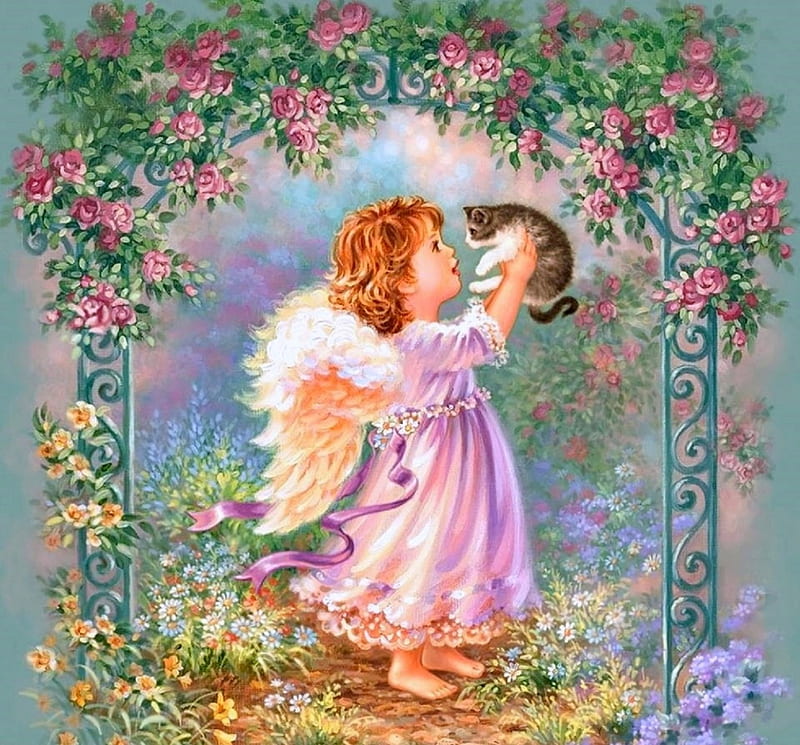 Perfect Companions, wings, lovely, little angels, colors, love four seasons, bonito, spring, cat, paintings, love, weird things people wear, flowers, garden, HD wallpaper