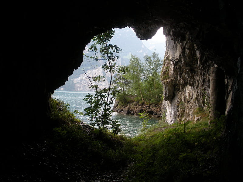 swiss cave, nature, view, lake, cavern, HD wallpaper