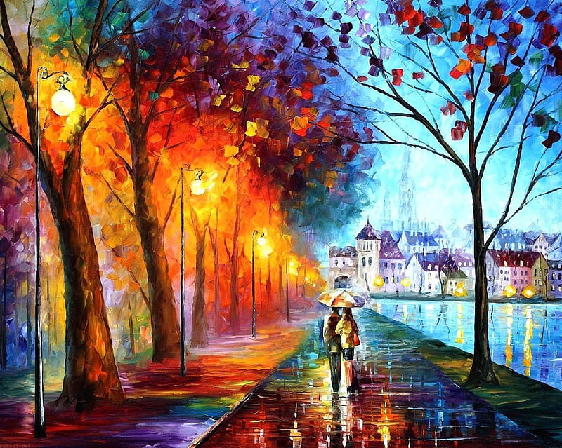 Love Paintwork, couple, painting, rain, road, street, town, trees, HD wallpaper