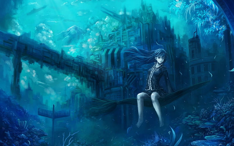 Anime girl Wallpaper 4K, Underwater, Fishes, Dream