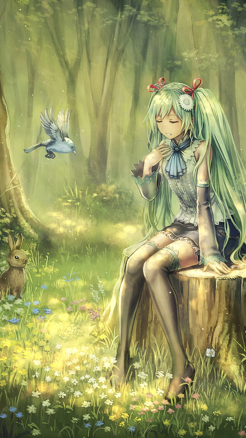 Miku forest, anime, cute, forest, green, hatsune miku, nature, vocaloid, HD phone wallpaper