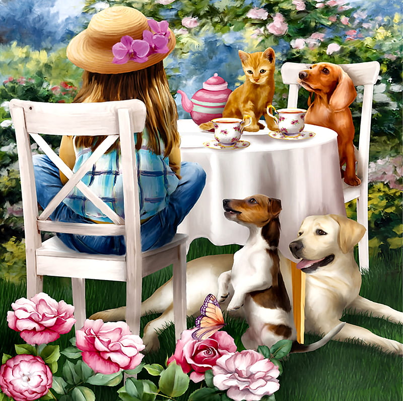 Tea Party FC, art, bonito, fowers, roses, pets, illustration, artwork, canine, feline, little girl, painting, wide screen, garden, cats, dogs, HD wallpaper
