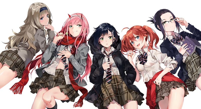 Anime, Green Eyes, Blue Eyes, Pink Hair, School Uniform, Black Hair, Long Hair, Brown Hair, Twintails, Ponytail, Darling In The Franxx, Zero Two (Darling In The Franxx), Ichigo (Darling In The Franxx), Miku (Darling In The Franxxx), Kokoro (Darling In The Franxxx), Ikuno (Darling In The Franxxx), HD wallpaper