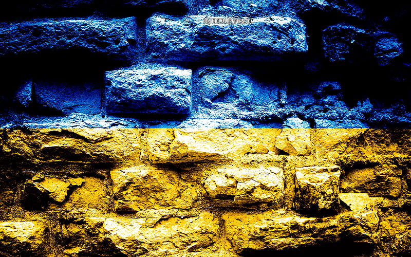 Ukraine flag, grunge brick texture, Flag of Ukraine, flag on brick wall, Ukraine, Europe, flags of european countries, HD wallpaper