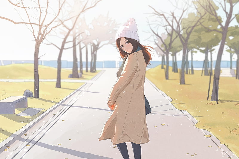 anime girl, slice of life, park, trees, brown hair, scarf, Anime, HD wallpaper