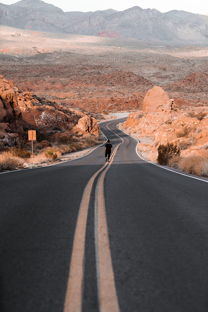 man, alone, road, desert, mountains, HD phone wallpaper