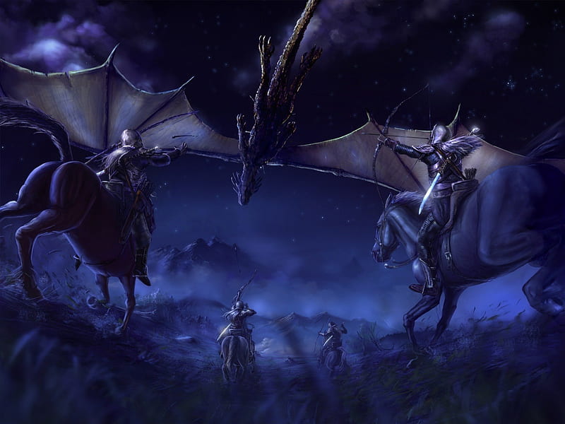 Dragon Knights, dinner, dragon, fantasy, lunch, evening, knights, protect, night, wings, sky, night time, forses, armor, flying, fight, wingspan, scales, HD wallpaper