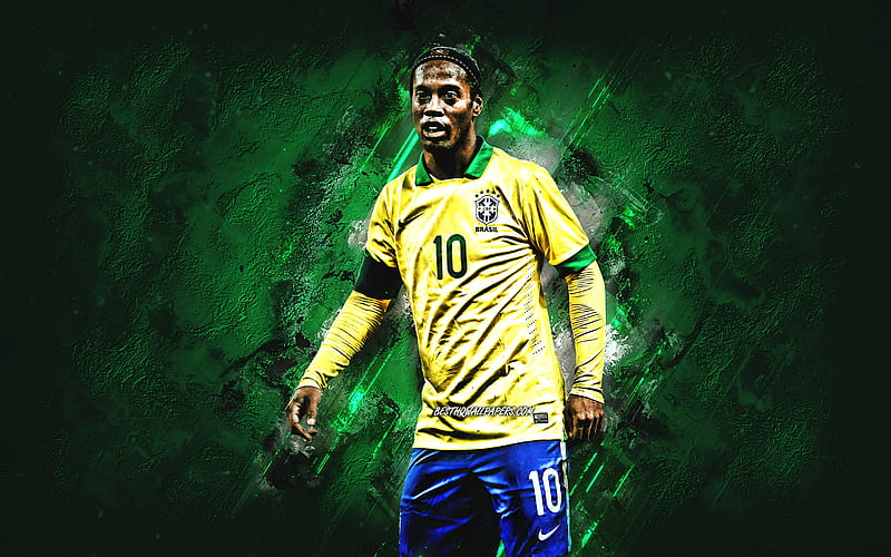 Ronaldinho, Brazil national football team, portrait, green stone background, brazilian football player, soccer, Brazil, Ronaldo de Assis Moreira, HD wallpaper