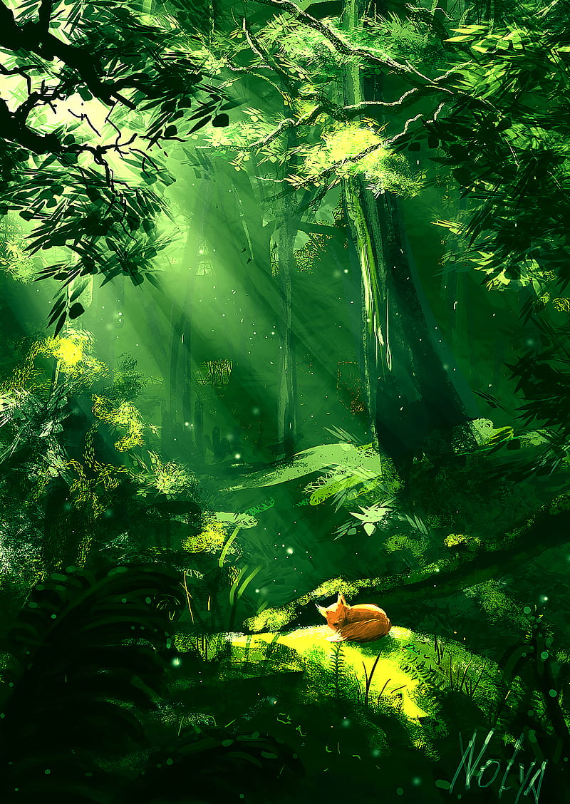 forest, fox, sunlight, nature, art, HD phone wallpaper