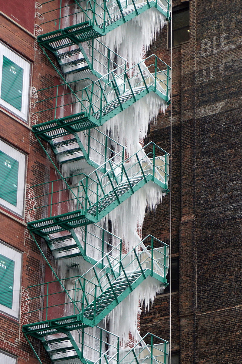 architecture, building, portrait display, winter, ice, frost, stairs, Chicago, USA, bricks, icicle, window, HD phone wallpaper