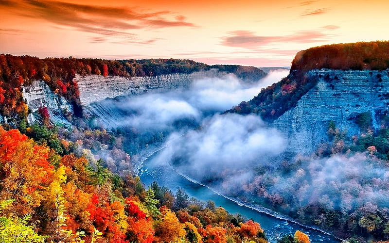 AUTUMN NATURE, autumn, sunset, sky, seasons, fog, mist, mountain, splendor, nature, evening, landscape, HD wallpaper