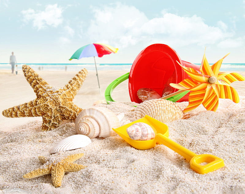 Summer fun, seashells, red bucket, spiral, umbrella, fun, pinwheel, clouds, bucket, starfish, beach, sand, summer, shovel, shells, relaxing, toys, HD wallpaper