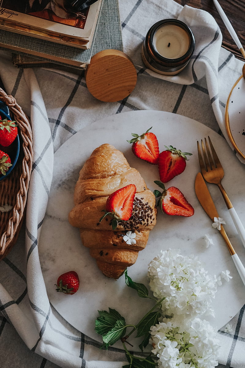 croissant, berries, strawberries, flowers, fabric, HD phone wallpaper