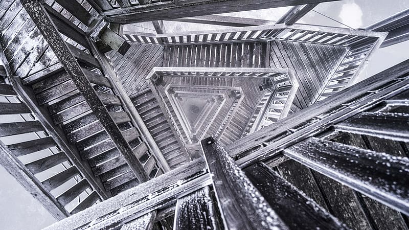 staircase, steps, depth, architecture, black and white, HD wallpaper