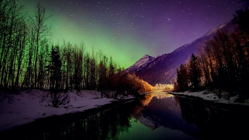 Elkutna Trailrace, Alaska, northern lights, snow, landscape, trees, stars, mountains, aurora, usa, river, HD wallpaper