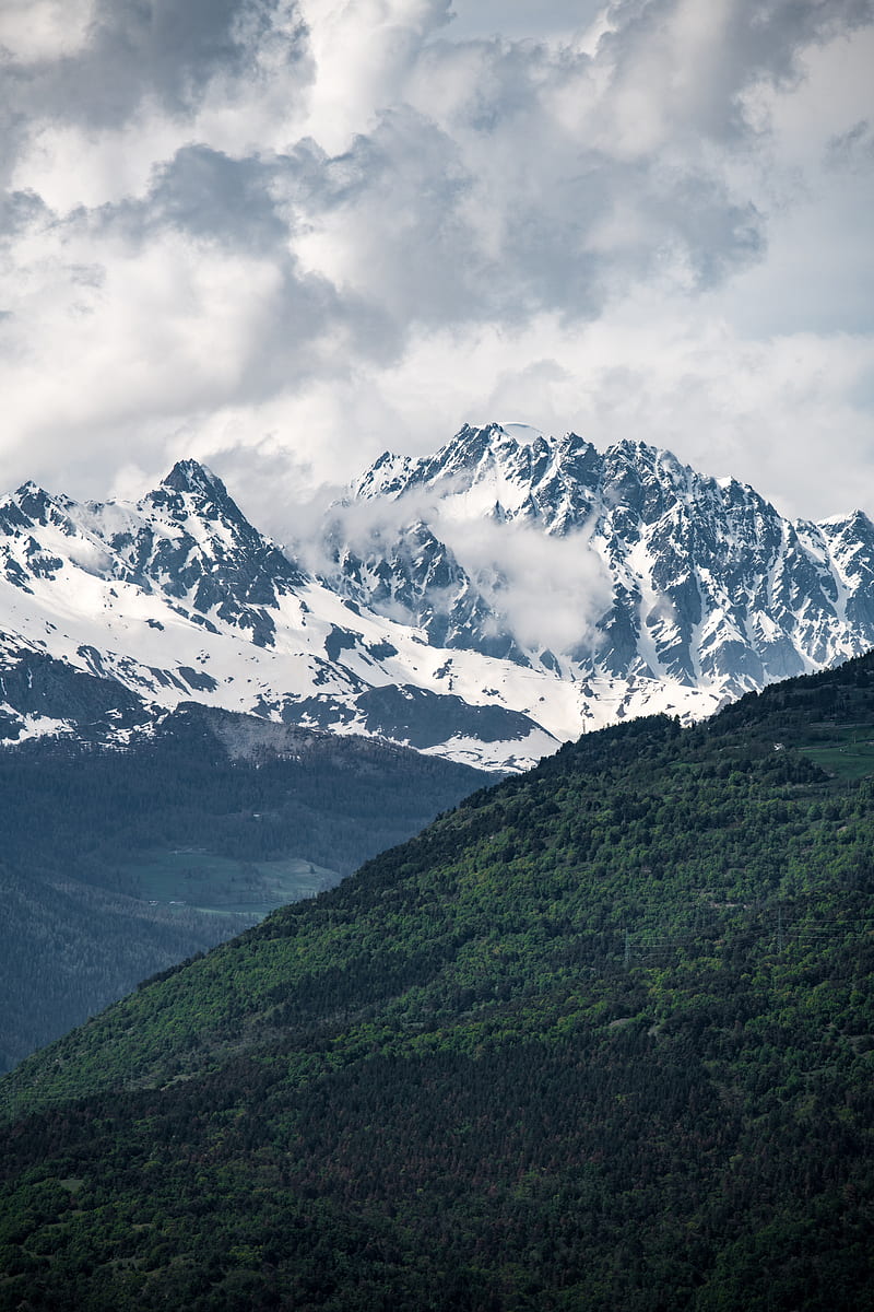 mountains, valley, peaks, snowy, trees, sky, HD phone wallpaper