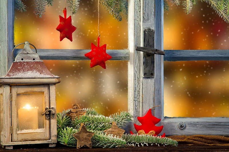 Christmas background, pretty, lantern, window, christmas, decoration, background, bonito, mood, lights, branches, HD wallpaper