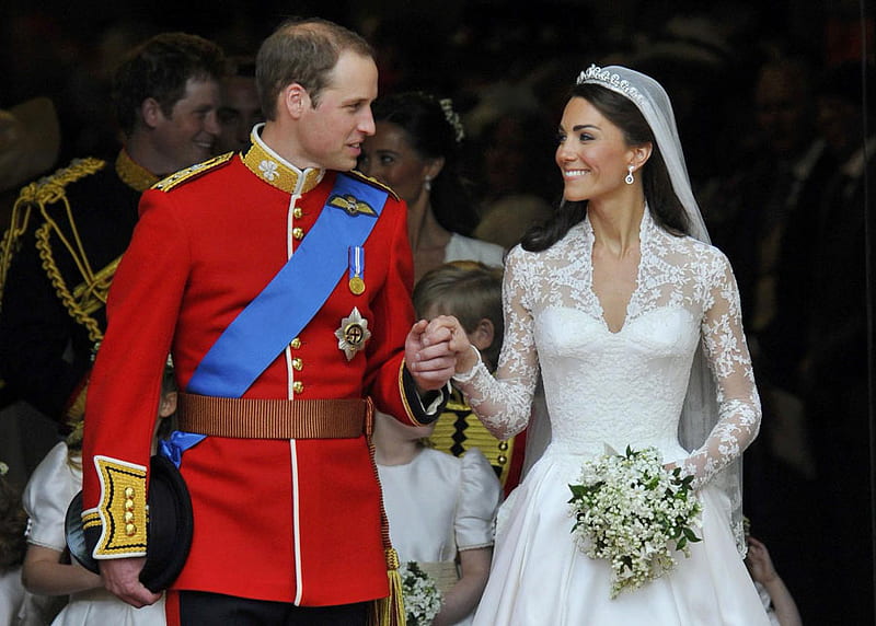 William & Catherine, red, married, dress, lace, love, royals, bonito, wedding, HD wallpaper